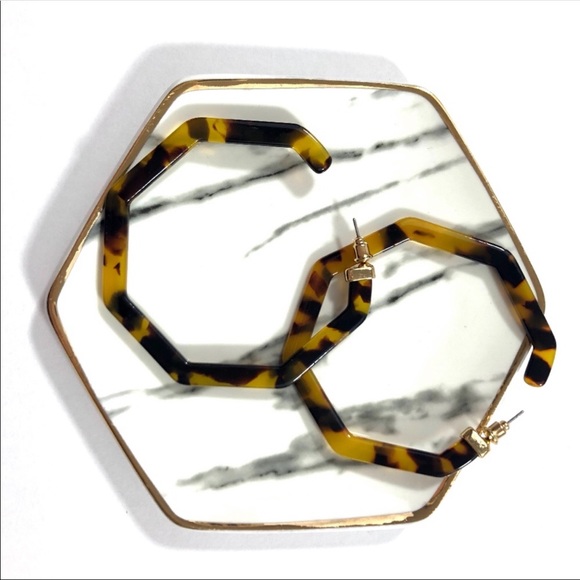 Dark Brown Tortoise Shell Large Hexagon Stud Hoops - Picture 5 of 8